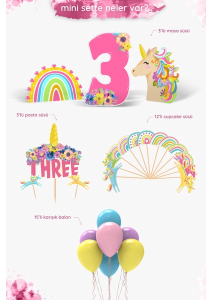 Unicorn Doğum Günü Konsepti 3 Yaş Parti Seti - Doğum Günü Konsepti - Mini fiyatları