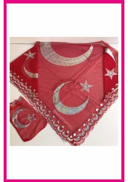Kırmızı Ayyıldızlı Kına Örtüsü Gümüş Pullu, Kare Şeklinde 2 Eldiven Hediye (100X100 Cm) fiyatları