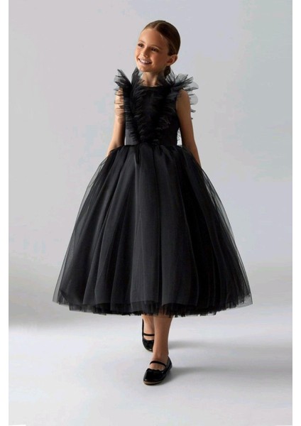 Palma Kız Çocuk Abiye - Sırtı V Önü Büzgü Fırfır Detaylı Çocuk Mezuniyet Elbisesi, Gösteri Elbisesi