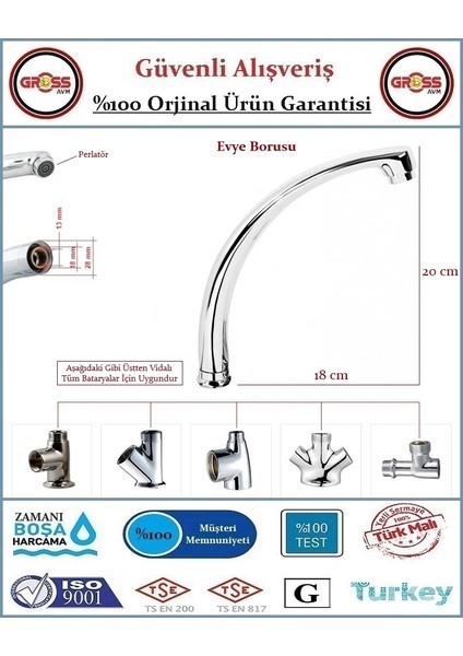 Mutfak Evye Mix Batarya Borusu - Prinç - Krom Kaplama - Kuğu Tipi