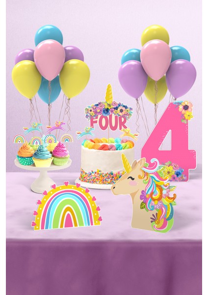 Unicorn Doğum Günü Konsepti 4 Yaş Parti Seti - Doğum Günü Konsepti - Mini