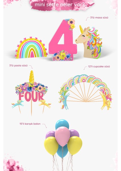 Unicorn Doğum Günü Konsepti 4 Yaş Parti Seti - Doğum Günü Konsepti - Mini fiyatları