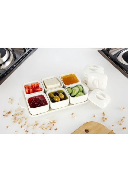 Beyaz 5'li Porselen Tepsili Kapaklı Kahvaltı Sunum Seti