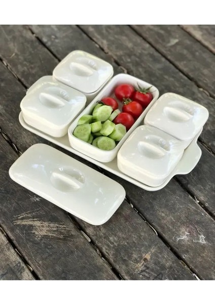 Beyaz 5'li Porselen Tepsili Kapaklı Kahvaltı Sunum Seti fiyatları