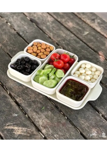 Beyaz 5'li Porselen Tepsili Kapaklı Kahvaltı Sunum Seti modelleri
