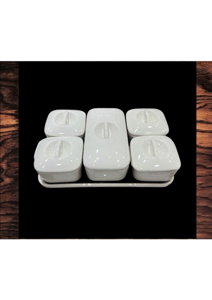 Beyaz 5'li Porselen Tepsili Kapaklı Kahvaltı Sunum Seti fırsatları