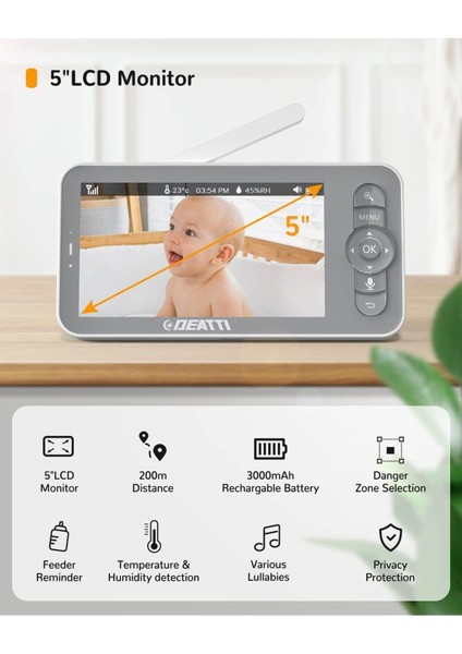 Kameralı Bebek Telsizi, 1080P Bebek Telsizi Videosu, 5" Bebek Monitörü, Kamera ve Uygulamalı