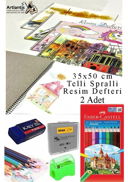 12 Renk Kuru Boya 35X50 cm Telli Spralli Resim Defteri Hamur Silgi Kalemtraş 15 Yaprak Resim Defteri Kuruboya Kalemi