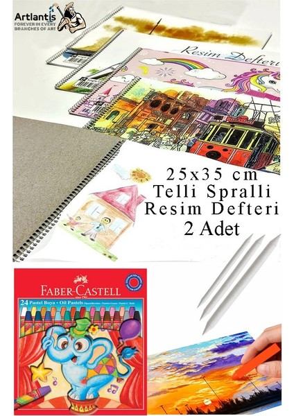 24 Renk Pastel Boya 25X35 cm Telli Spralli Resim Defteri Pastel Dağıtma Kalemi 15 Yaprak Resim Defteri Yağlı Pastel