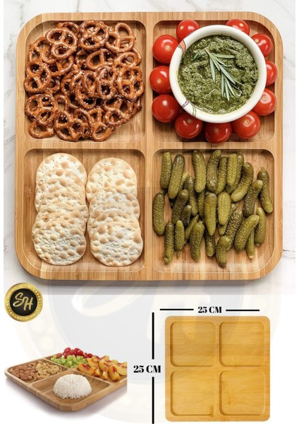 4 Bölmeli Bambu Sunum Tabağı Kahvaltılık ve Çerezlik, Şık ve Kullanışlı Tasarım