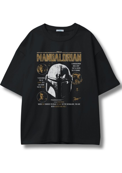 Unisex The Mandalorian Yazılı Tişört, Oversize Star Wars Baskılı Bisiklet Yaka T-Shirt