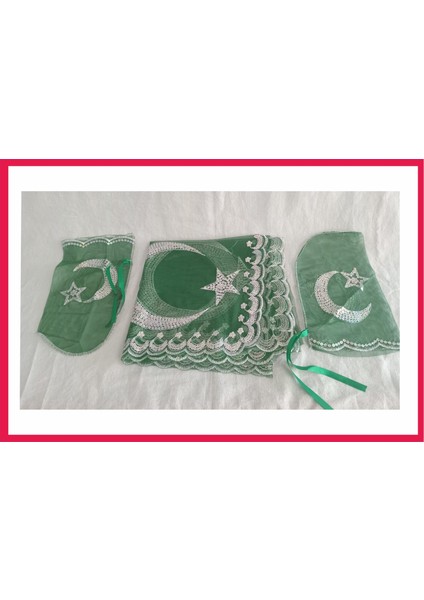 Yeşil Ayyıldızlı Kına Örtüsü Gümüş Pullu, Kare Şeklinde 2 Eldiven Hediye (100X100 Cm) fiyatları