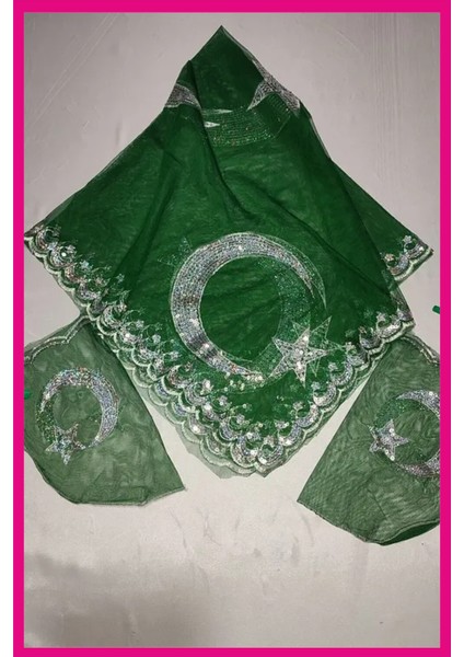 Yeşil Ayyıldızlı Kına Örtüsü Gümüş Pullu, Kare Şeklinde 2 Eldiven Hediye (100X100 Cm) modelleri