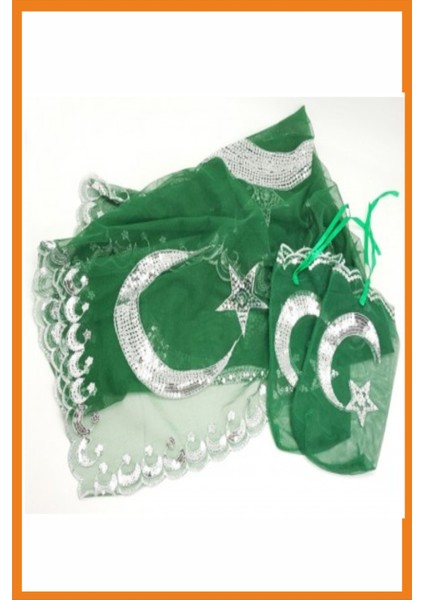 Yeşil Ayyıldızlı Kına Örtüsü Gümüş Pullu, Kare Şeklinde 2 Eldiven Hediye (100X100 Cm) fırsatları