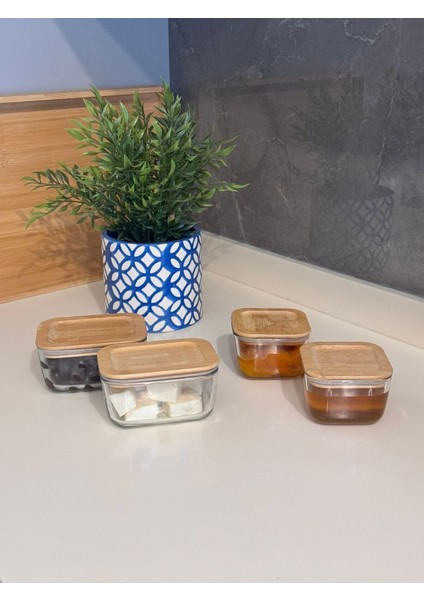 Bambu Kapaklı Cam Saklama Kabı Seti, 4'lü, Vakumlu, Şeffaf, Dayanıklı, Pratik, Estetik