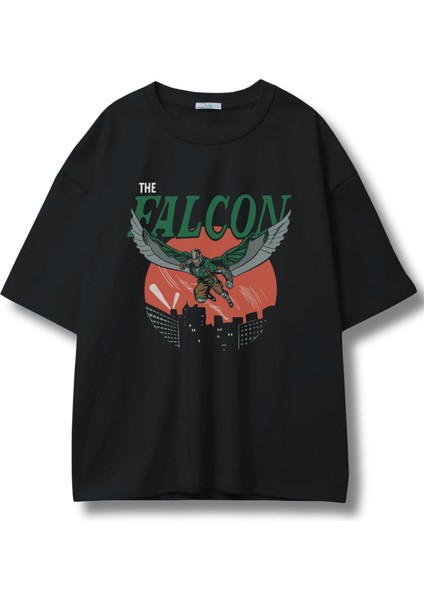Unisex The Falcon Baskılı Tişört, Oversize Dizi Temalı Bisiklet Yaka T-Shirt