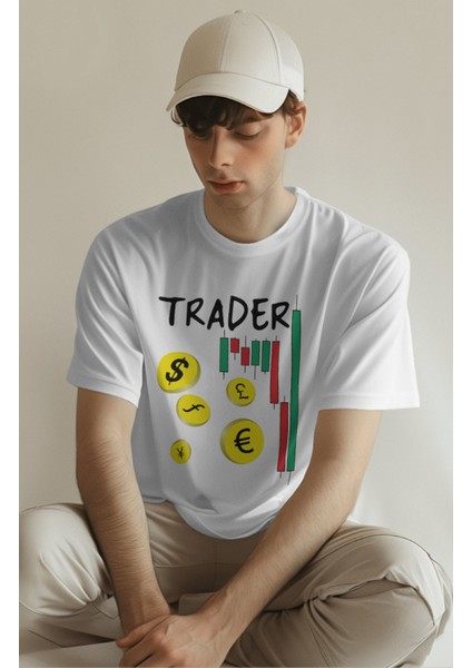 Unisex Trader Baskılı Tişört, Oversize Borsa Grafik Temalı Bisiklet Yaka T-Shirt