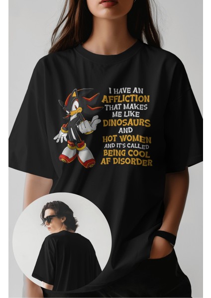 Unisex Yazılı Kirpi Shadow Baskılı Tişört, Oversize Borsa Sonic Temalı Bisiklet Yaka T-Shirt