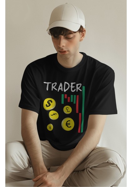Unisex Trader Baskılı Tişört, Oversize Borsa Grafik Temalı Bisiklet Yaka T-Shirt