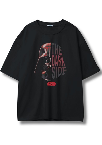 Unisex The Dark Side Yazılı Tişört, Oversize Darth Vader Baskılı Bisiklet Yaka T-Shirt