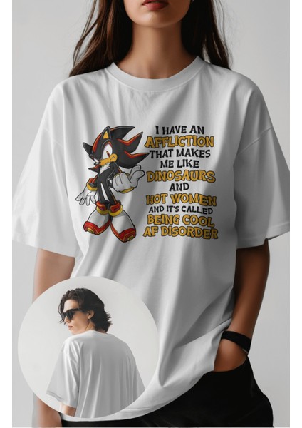 Unisex Yazılı Kirpi Shadow Baskılı Tişört, Oversize Borsa Sonic Temalı Bisiklet Yaka T-Shirt