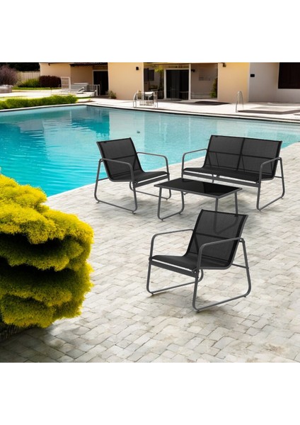 Bahçe Mobilya Takımı 2+1+1 Sehpalı Balkon Oturma Grubu 4 Parça Çelik Gövdeli