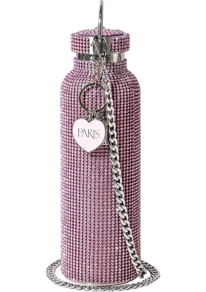 750 ml Pembe Paslanmaz Su Şişesi, Taşıma Zincirli, Elmas Taşlı