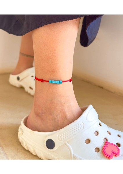 Doğal Mavi Küp Turkuaz Taşı Kırmızı Ip Halhal