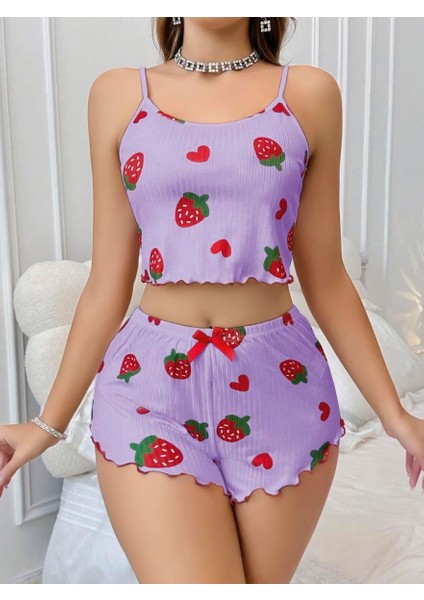 Pamuklu Lila Üstüne Çilek Desen Fitilli Askılı Şortlu Pijama Takımı fiyatları