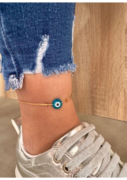 Mavi Cam Nazar Boncuklu Altın Halhal