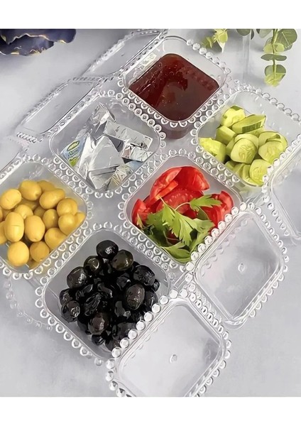 6 Bölmeli Akrilik Şeffaf Boncuklu Kahvaltı ve Sunum Seti