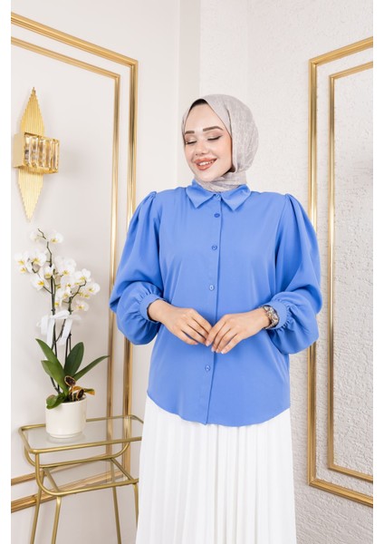 Balon Kol Omuz Kol Büzgü Tunik-Indigo modelleri