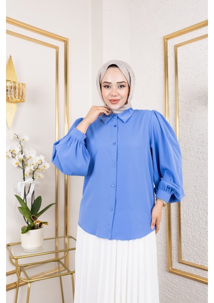 Balon Kol Omuz Kol Büzgü Tunik-Indigo fırsatları