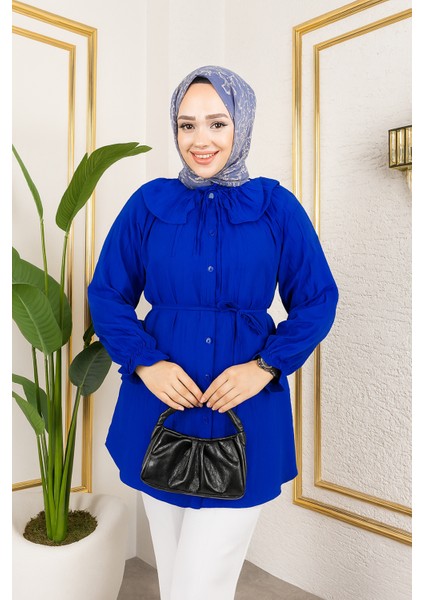 Kadın Bebe Yaka Büzgülü Kol Lastik Büzgülü Bağlamalı Yazlık Boydan Düğmeli Tesettür Tunik Saks