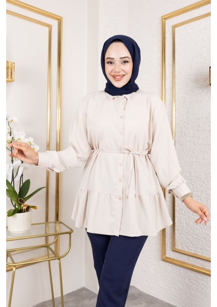 Kadın Boydan Düğmeli Kol Manşetli Etek Fırfır Detay Dubai Tesettür Tunik Taş modelleri