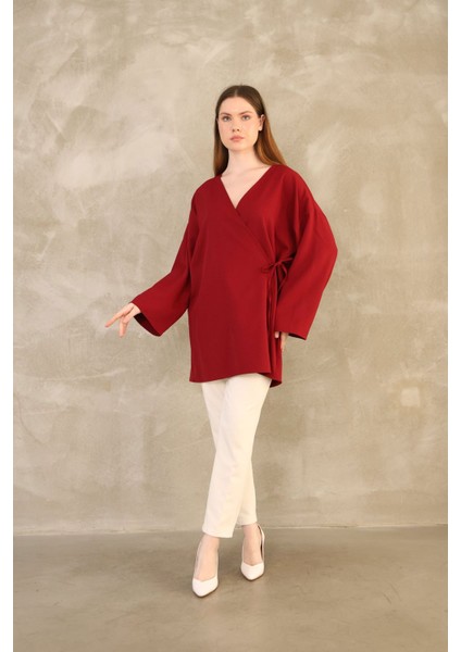 Yan Bağlamalı Atlas Tunik-Bordo