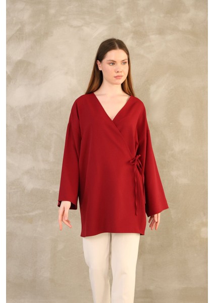 Yan Bağlamalı Atlas Tunik-Bordo fırsatları