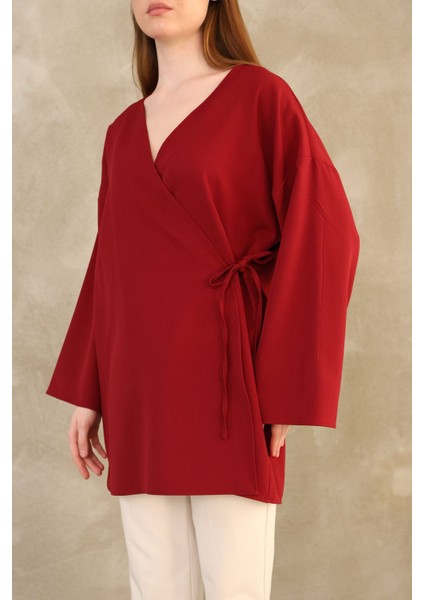 Yan Bağlamalı Atlas Tunik-Bordo indirimleri