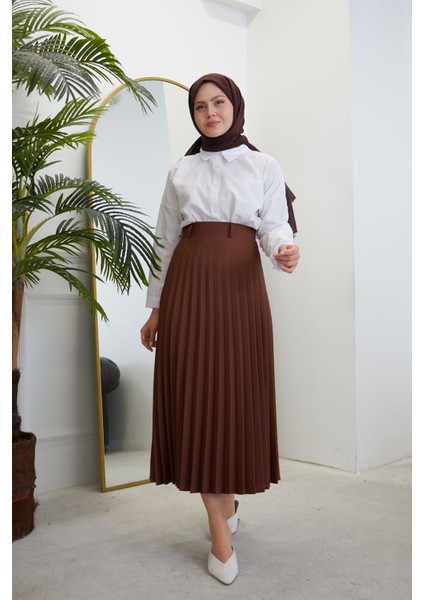 Kadın Soley Pilise Detaylı Yazlık Uzun Tesettür Etek-Kahve