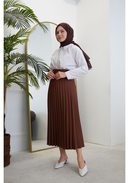 Kadın Soley Pilise Detaylı Yazlık Uzun Tesettür Etek-Kahve modelleri