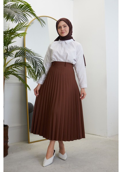 Kadın Soley Pilise Detaylı Yazlık Uzun Tesettür Etek-Kahve indirimleri