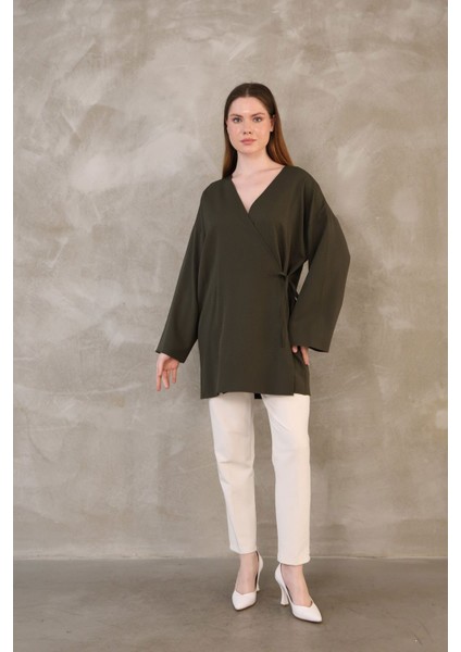 Yan Bağlamalı Atlas Tunik-Haki