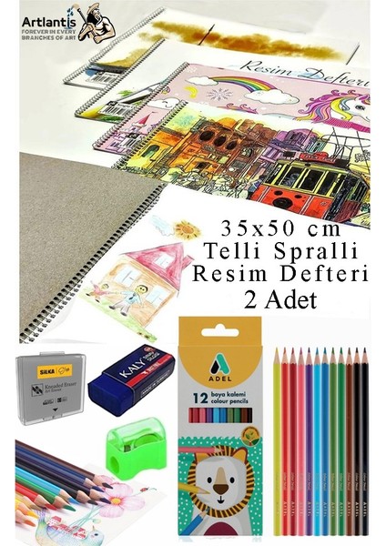 12 Renk Adel Kuru Boya 35X50 cm Telli Spralli Resim Defteri Hamur Silgi Kalemtraş 15 Yaprak Resim Defteri Kuruboya Kalem