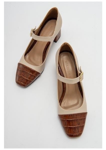 Kadın Mno Bej Cilt-Taba Krokodil Tokalı Ayakkabı