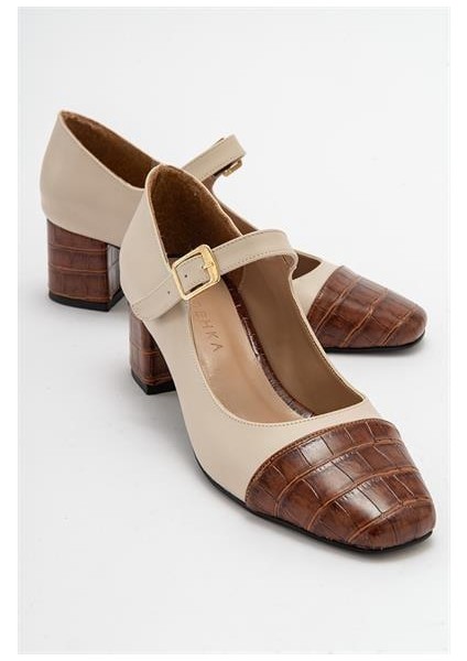Kadın Mno Bej Cilt-Taba Krokodil Tokalı Ayakkabı