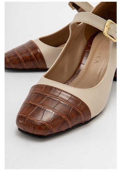 Kadın Mno Bej Cilt-Taba Krokodil Tokalı Ayakkabı
