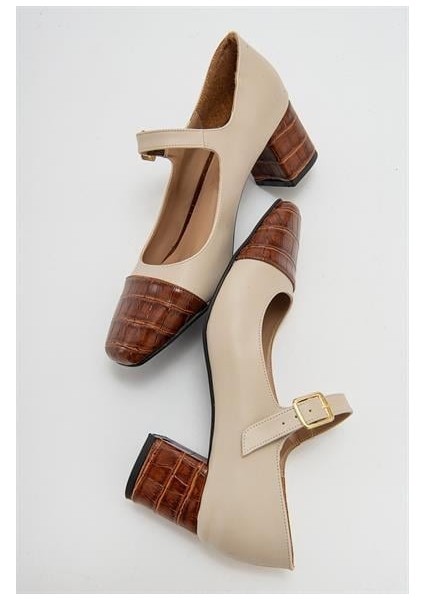 Kadın Mno Bej Cilt-Taba Krokodil Tokalı Ayakkabı