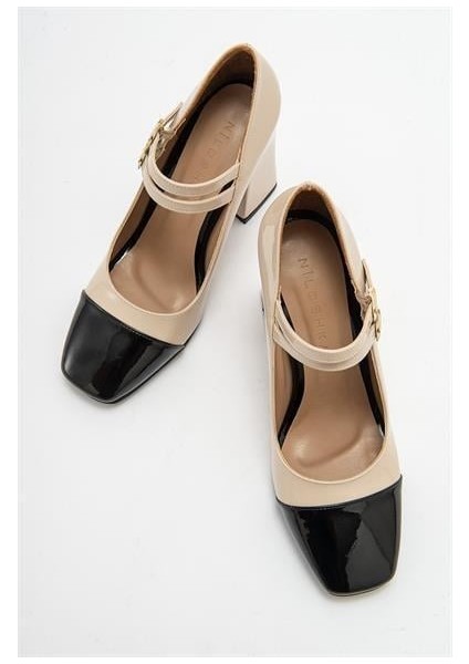 Kadın Ant Beyaz-Siyah Rugan Kalın Topuklu Bantlı Ayakkabı