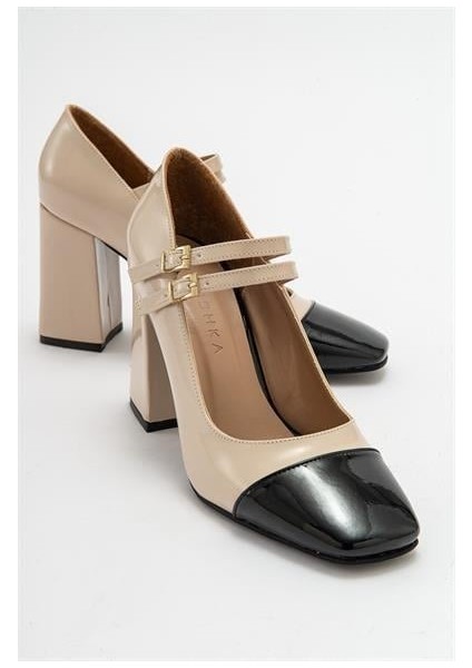 Kadın Ant Beyaz-Siyah Rugan Kalın Topuklu Bantlı Ayakkabı