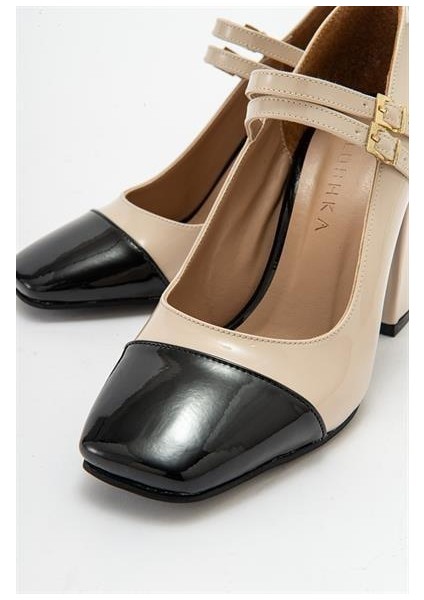 Kadın Ant Beyaz-Siyah Rugan Kalın Topuklu Bantlı Ayakkabı